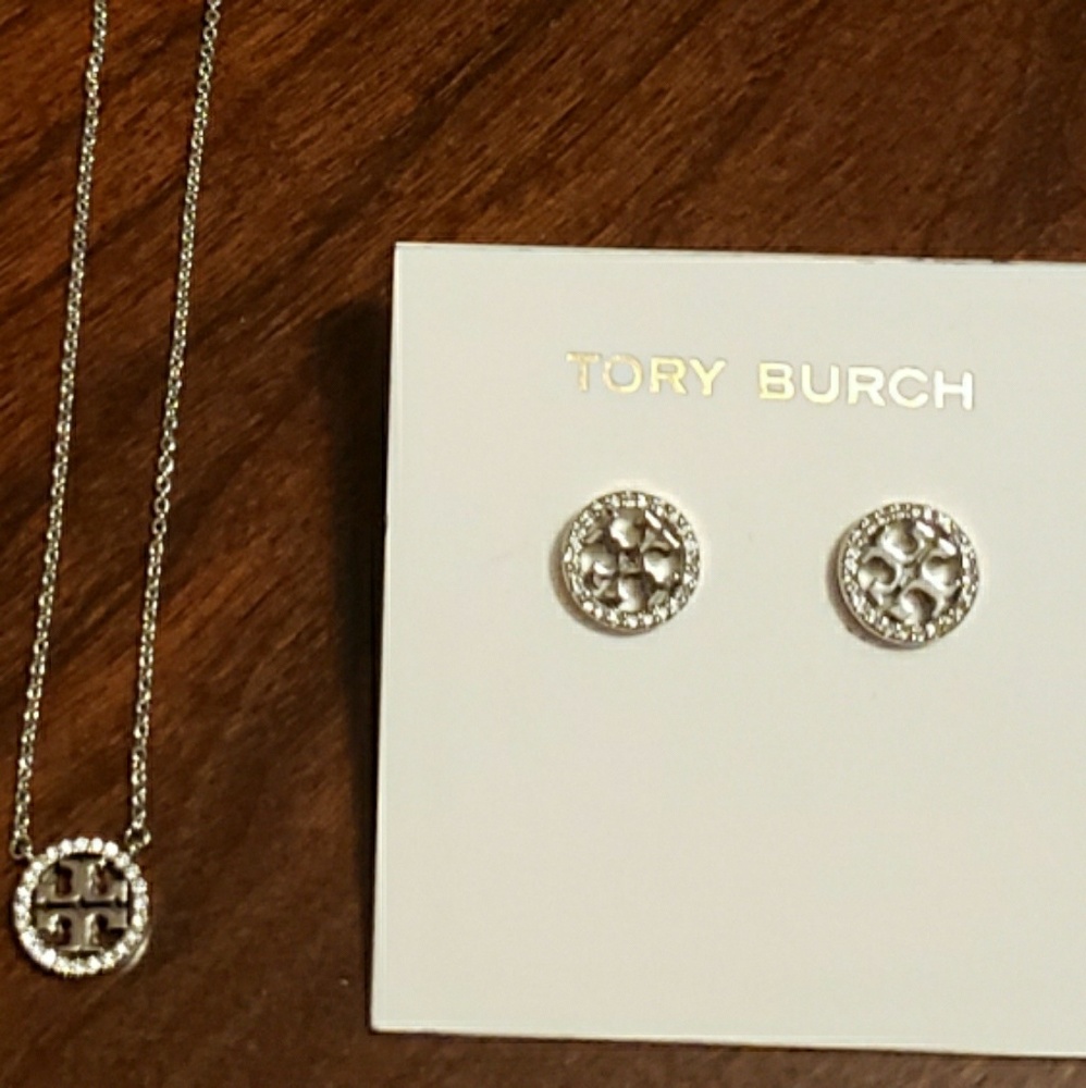 Tory Burch Crystal Logo Necklace & Earrings